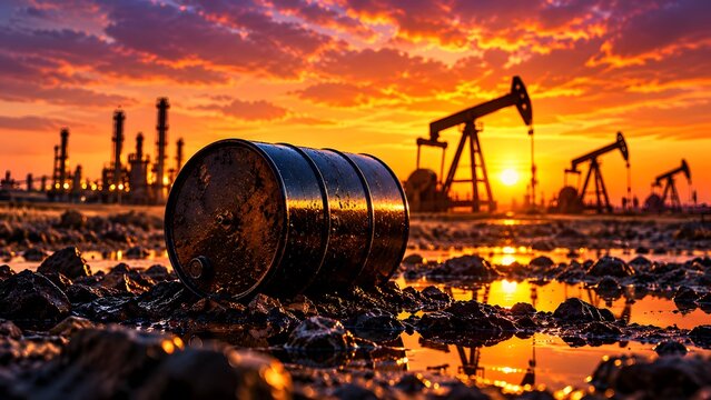 Crude oil barrel on muddy ground with active pump jacks and industrial refinery facilities at sunset