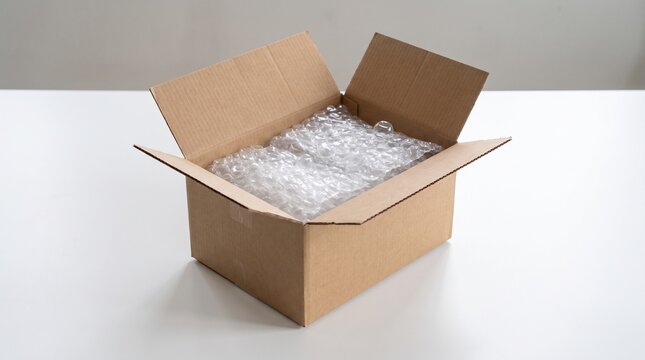 Empty shipping container with transparent plastic air cushioning bubble wrap inside placed on a white surface for logistics and delivery concepts