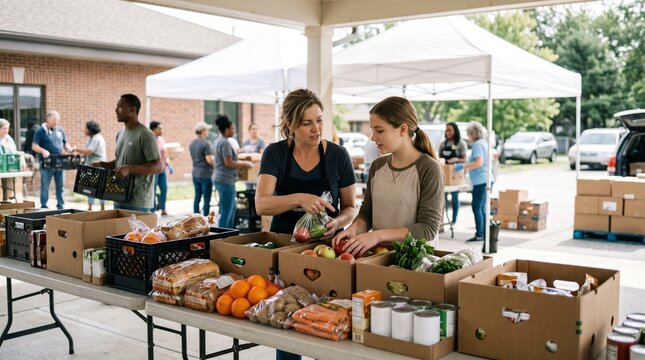 Volunteers organize food donations at an outdoor community food bank event distributing groceries