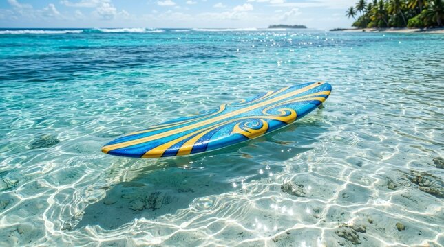 Surfboard floats in crystal clear shallow ocean water over a sandy seabed.