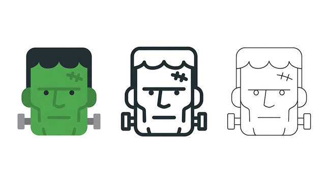 Frankenstein monster head icons isolated on transparent background in
