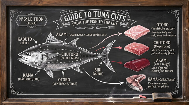 Tuna Cuts Guide with Labeled Fish on a Rustic Chalkboard