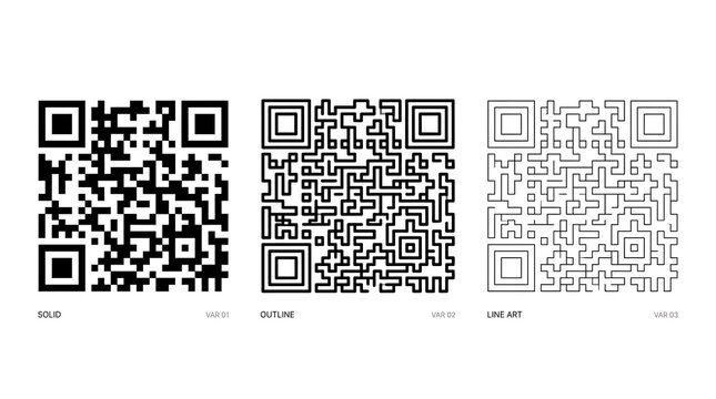Three QR code variations isolated on transparent background showing