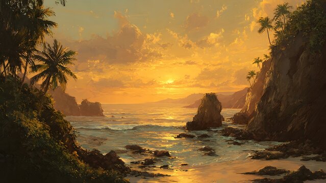 Impressionist oil painting of tropical cove at sunset with palm trees on cliffs and rocky shore under golden sky showing rich brushwork and vibrant warm lighting for artistic coastal theme.