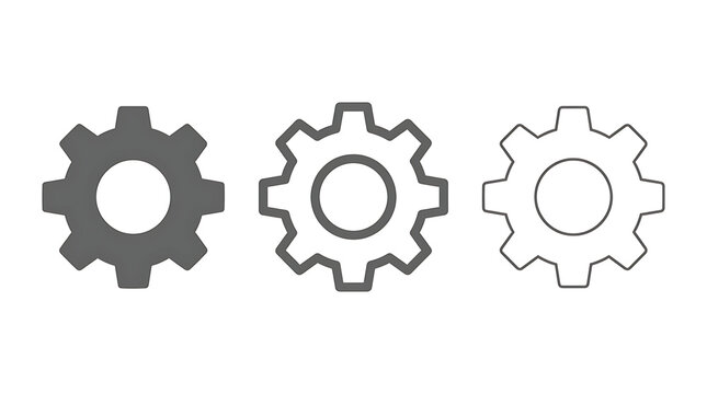 Three gear icons isolated on transparent background showing solid