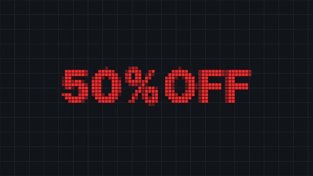 Red Pixelated 50 Percent Off Text on Dark Grid Background