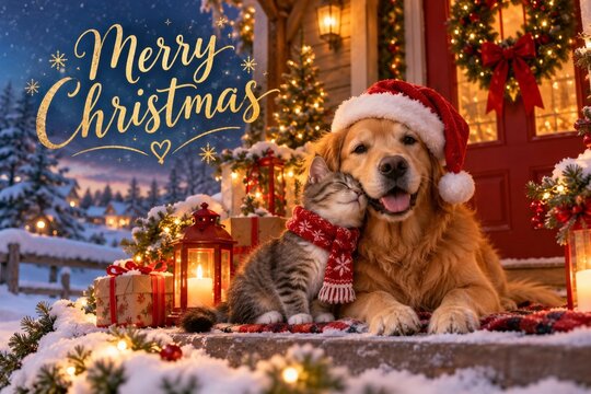 Golden retriever dog puppy and tabby cat wearing red scarf sitting together on a snowy porch with lantern, gift box, Christmas tree and merry Christmas typography greeting text sign at winter night