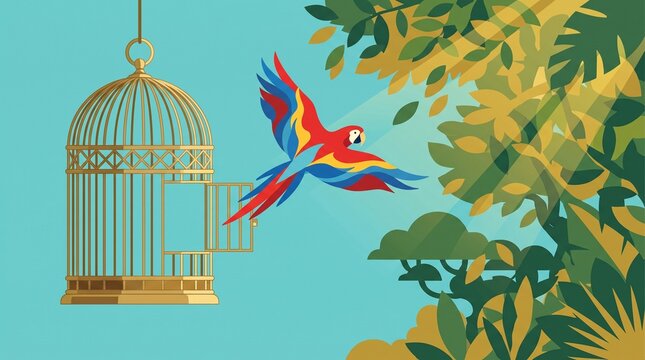 Colorful Bird Flying Free from an Open Golden Birdcage Toward a Sunlit Forest, Minimalist Vector Illustration of Freedom