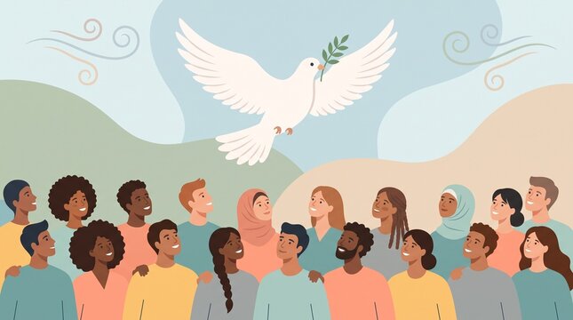 Diverse group of people looking up at a flying dove illustration