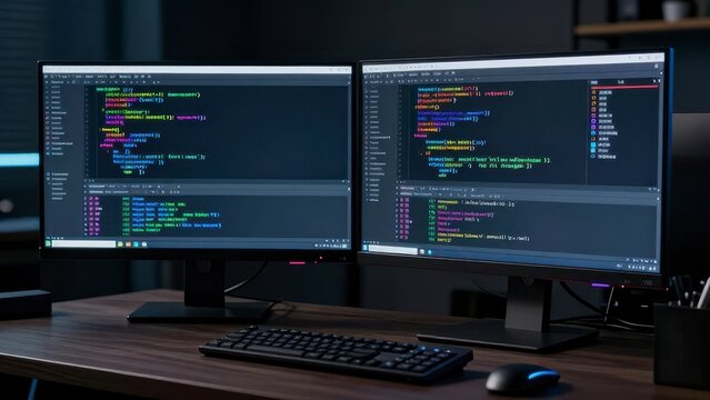 Dual monitor programmer workstation with programming code on screen
