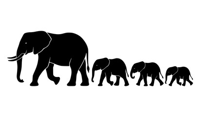 Elephant Family Walking in Line Black Silhouette Vector © Roichul