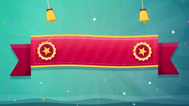 Festive Red Banner with Golden Bells and Sparkling Teal Background Animation