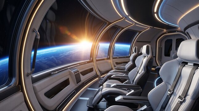 Futuristic Spaceship Interior Overlooking Planet Earth and Sunrise in Space, Sci-Fi 3D Illustration