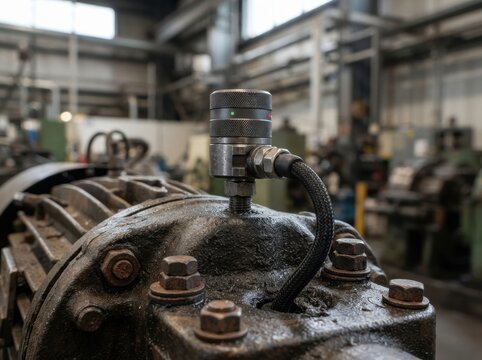predictive maintenance vibration sensor Close-up of industrial machine component with bolts and sensor in factory setting