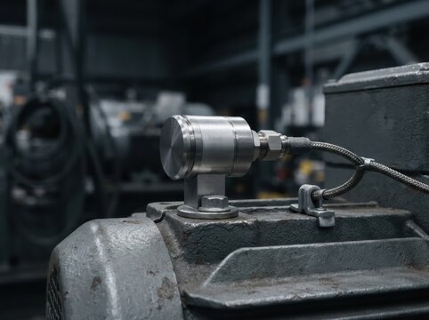 predictive maintenance vibration sensor Industrial machine sensor attached to metal equipment in a workshop