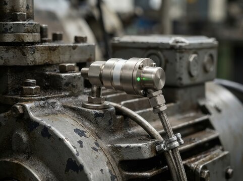 predictive maintenance vibration sensor Close-up of industrial machinery with metal components and hydraulic fittings.