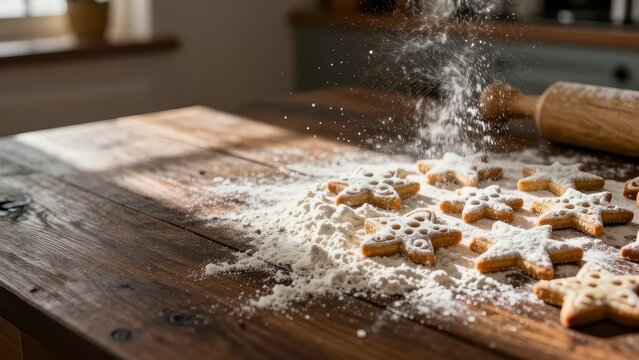Baking Christmas cookies with flour dust