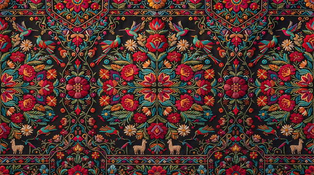 Peruvian Floral Pattern Embroidery, Vibrant Textile Design, Traditional Folk Art, Colorful Decorative Motif