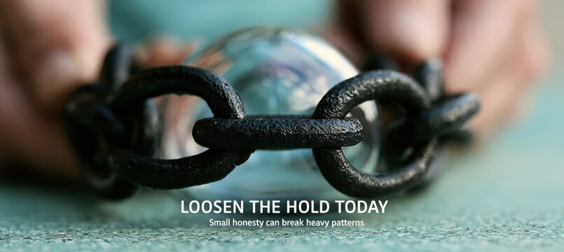 Black chain links loosening around clear glass object with motivational headline