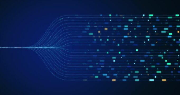 Big data flow, AI and cloud data transfer background in midnight blue and cyan for big data, AI and cloud computing presentations and tech intros, motion graphics animation, seamless 4K loop