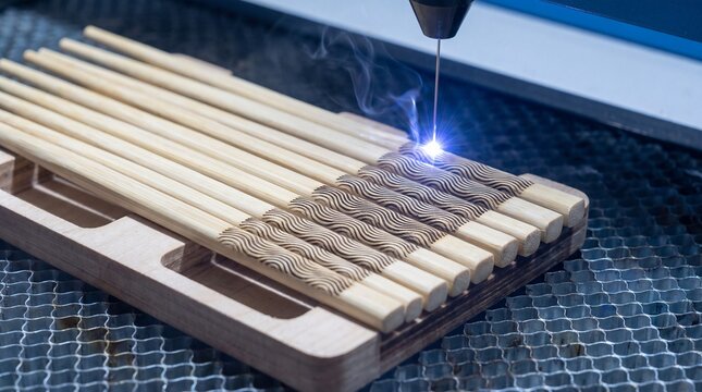 Laser Engraver Burning Wave Pattern Onto Row of Bamboo Chopsticks