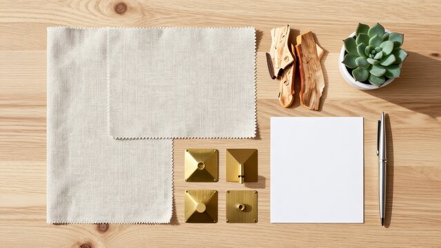 Interior design mood board with fabric swatches and wood samples