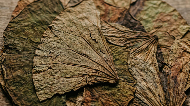 Dried lotus leaves for herbal medicine, organic withered foliage texture, rustic brown botanical background for tea