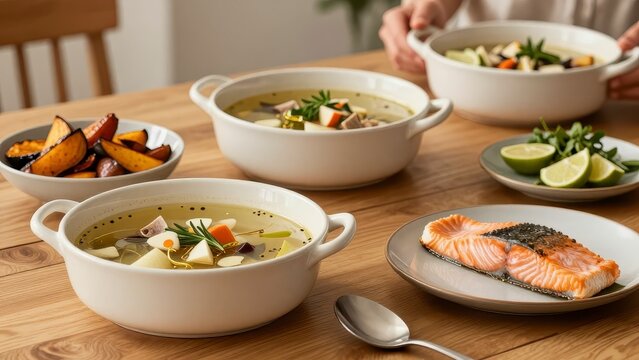 Healthy dinner table with fish soup and roasted salmon
