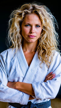 A woman with blonde hair and blue eyes wearing a white martial arts uniform
