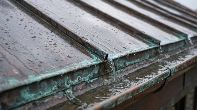 Rainwater flows down a weathered copper roof during a storm