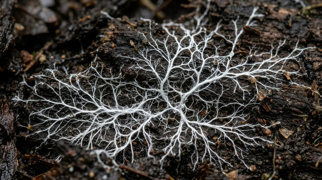 White mycelium network on dark forest soil, fungal hyphae growing in dirt, organic root structure macro photography