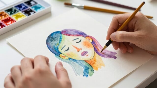 Artist painting a colorful watercolor portrait of a woman