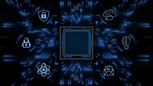 Cybersecurity microchip with futuristic circuit board, featuring cyber security processor technology and network data protection icons.