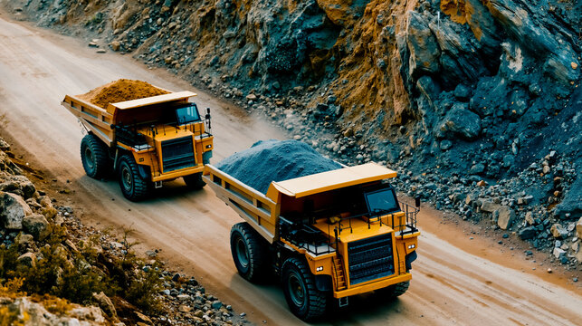 Two yellow dump trucks driving on a dirt road with a rocky hillside