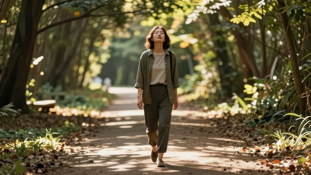 Woman walking on a serene path in a green forest