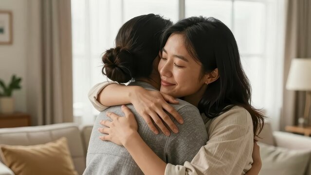 Two young women hugging and comforting each other at home