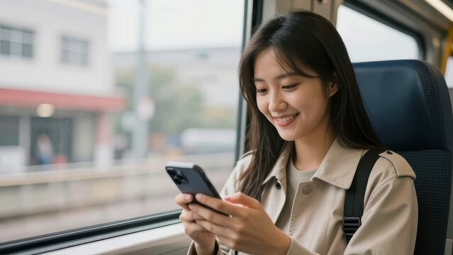 Young woman using smartphone on a train