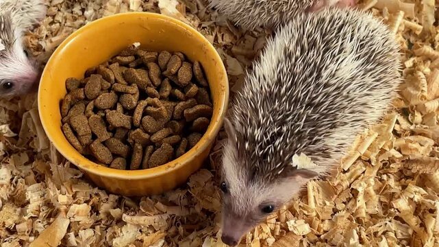 Tiny hedgehogs gather around a food bowl. Soft bedding covers their small, spiny bodies. They cluster close, exploring and feeding. Curious eyes peek from their spiky shells.