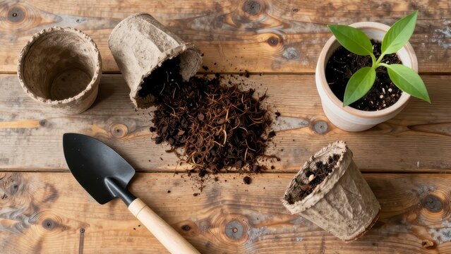 Spring gardening tools and flower pots with soil on wooden table
