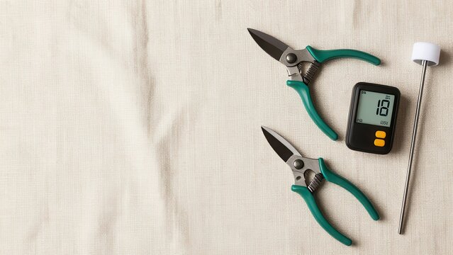 Gardening tools pruners and digital device on white background