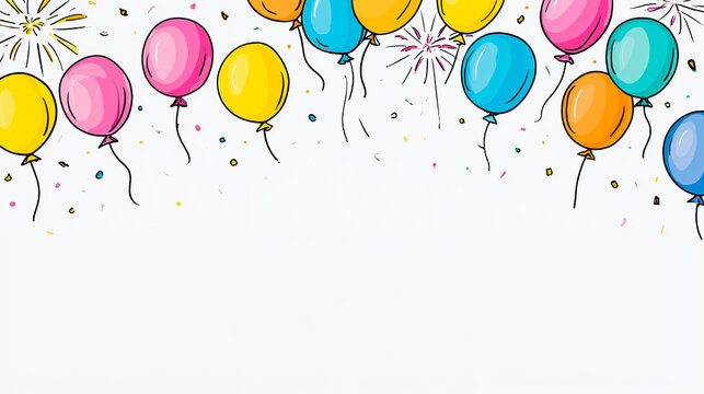 A colorful illustration of a group of balloons with different colors and designs floating in the air with sparkles and confetti
