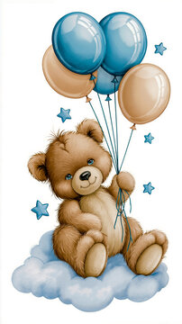 A brown teddy bear with blue eyes is holding a bunch of balloons with stars on them
