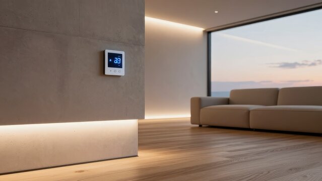 Smart home climate control thermostat on a modern interior wall
