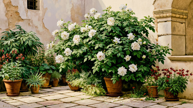 A photograph of a garden with a variety of potted plants and flowers set against a textured wall with a window and a column