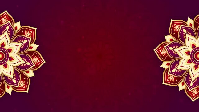 Seamless Loop Ornamental Mandala Background Animation with Gold Floral Decorations, Burgundy Red Gradient, Glowing Bokeh Particles and Elegant Indian Festive Frame Design