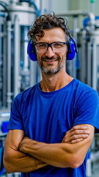 A man wearing a blue shirt and headphones smiling and standing in front of industrial equipment