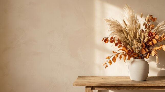 Dry flower bouquet in white ceramic vase on wooden table against beige wall