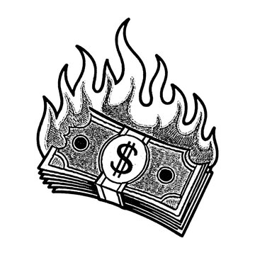 Stack of dollar bills burning in bright flames vintage tattoo art with currency banknotes illustration engraving monochrome distressed textured destruction isolated background