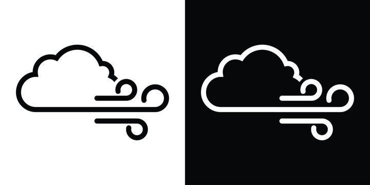 Minimalist windy weather cloud icon with wind line swirls. Vector forecast outline graphic set on dark and light backgrounds.
