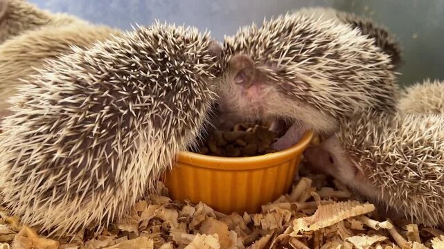 Tiny hedgehogs gather around a food bowl. Soft bedding covers their small, spiny bodies. They cluster close, exploring and feeding. Curious eyes peek from their spiky shells.